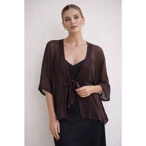 Eileen Fisher Sheer Brown Cardigan 1X Open Front Tie Lightweight Boho Lagenlook